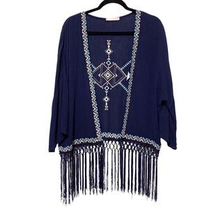 Before You Womens S/M Navy Blue Embroidered 3/4 Sleeve Open Front Cardigan